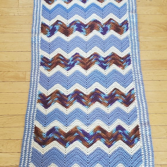 Handmade Crochet Chevron Lap Blanket Sofa Chair Throw Afghan Blue White 23"X77" - Picture 1 of 8